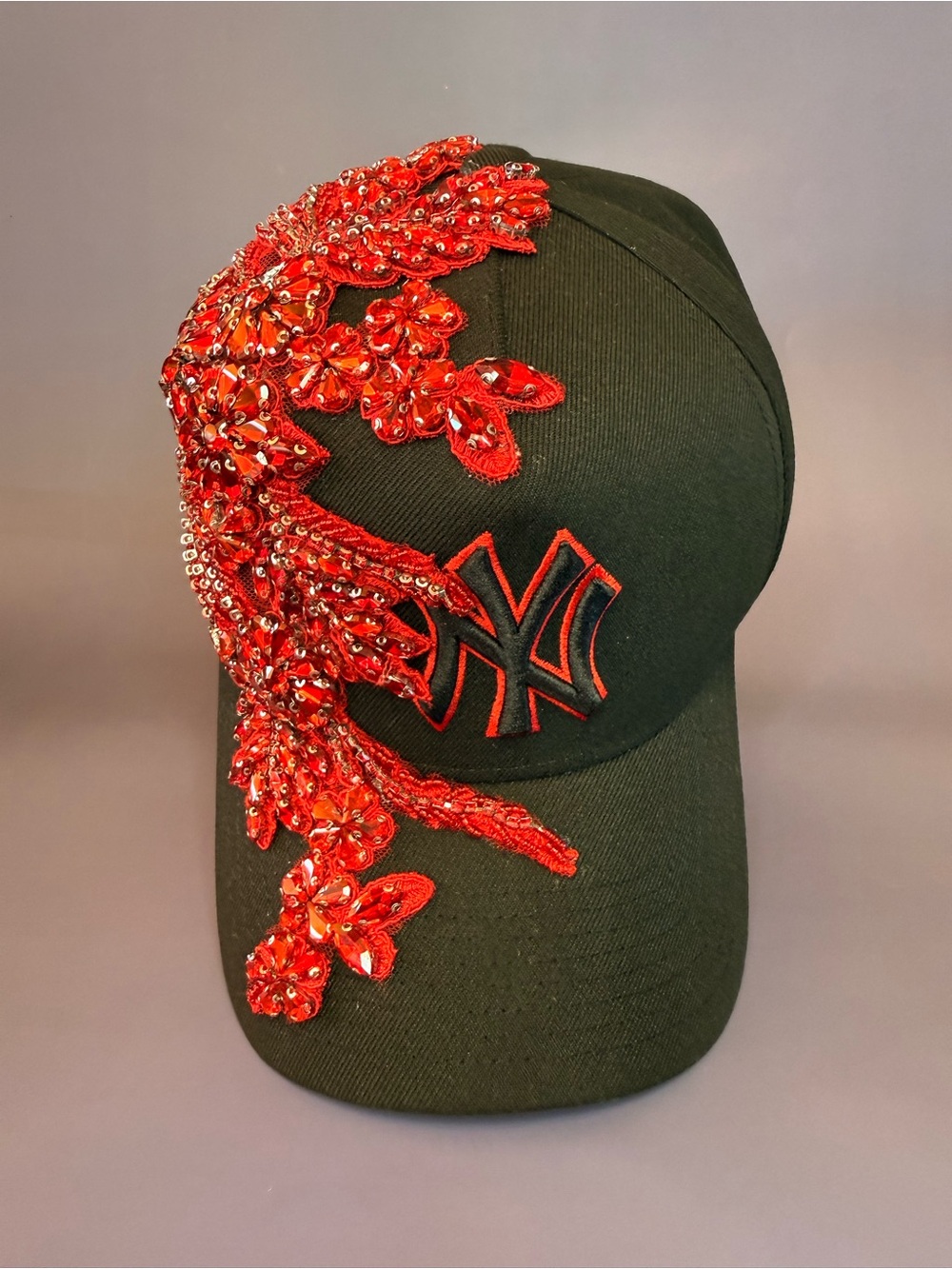 New Era Black Baseball Statement Cap with Red Sequin Appliqué